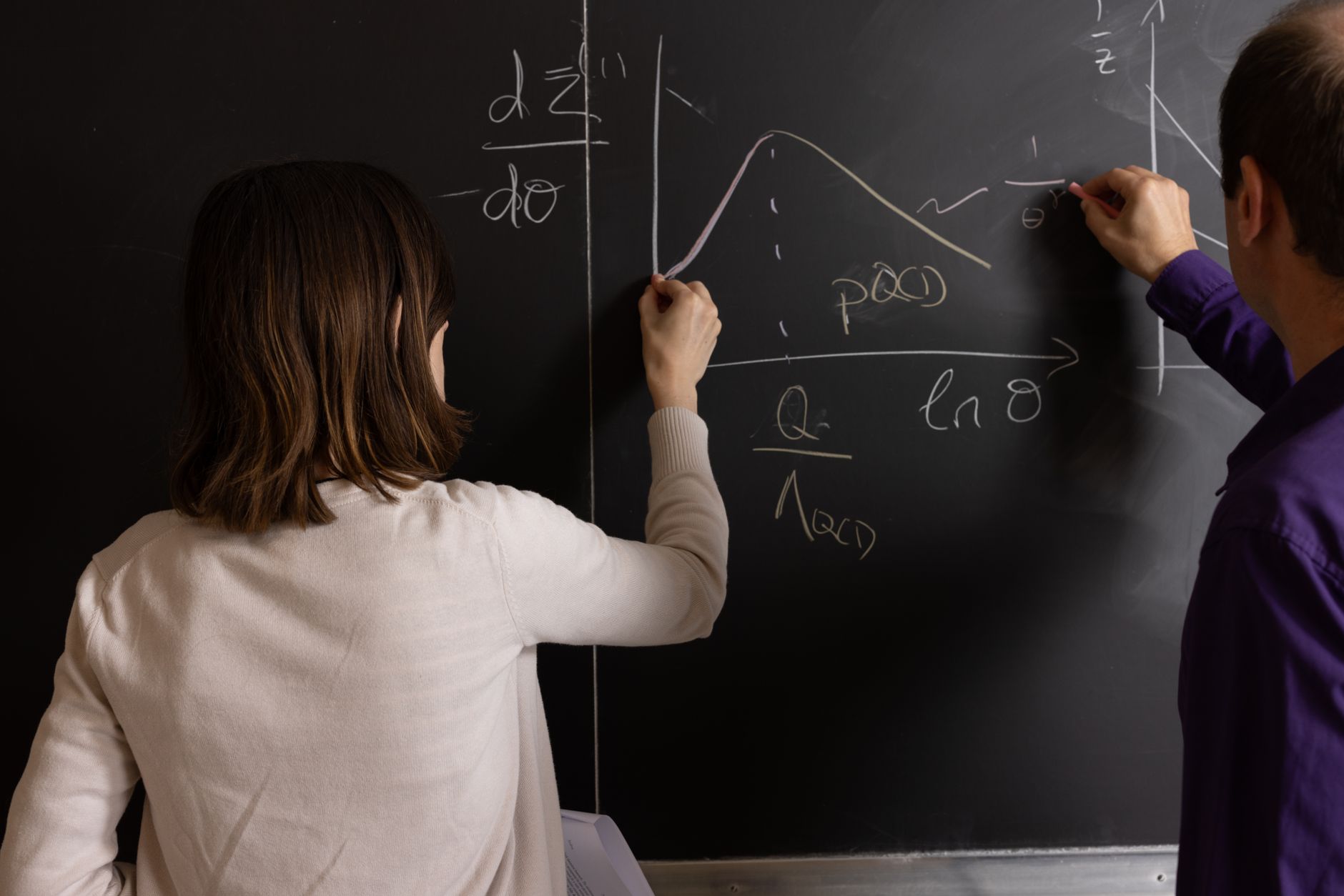 educators discussing mathematical graphs on chalkboard